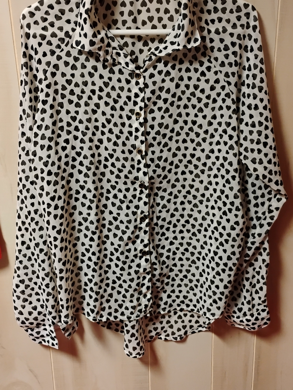 White Button-Down Shirt with Black Heart Print